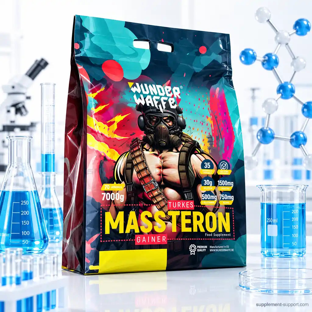 Wunderwaffe Labs MASSTERON Premium Mass Gainer 7kg Beutel in einem Labor-Setting