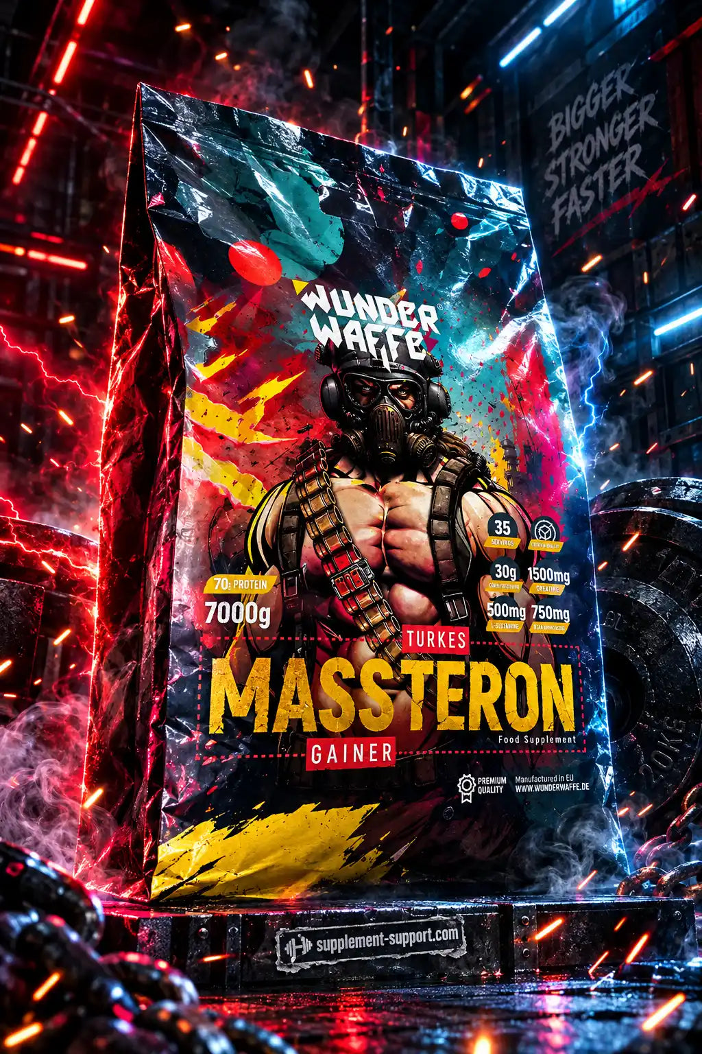 Wunderwaffe Labs Massteron Premium Mass Gainer 7kg Beutel mit muskulösem Charakter im Cyberpunk-Stil