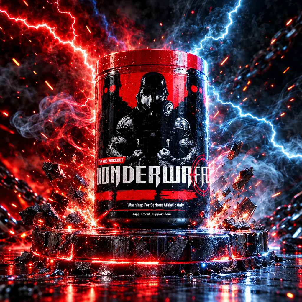 Wunderwaffe Labs Pre Workout Booster Dose vor dramatischem rot-blauem Blitzhintergrund