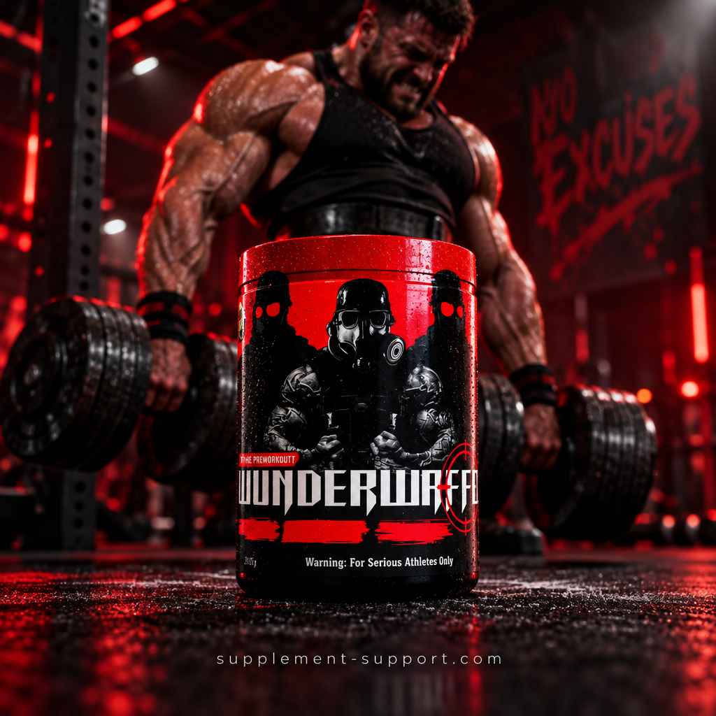 Wunderwaffe Labs Pre Workout Booster vor einem muskulösen Bodybuilder im Fitnessstudio.