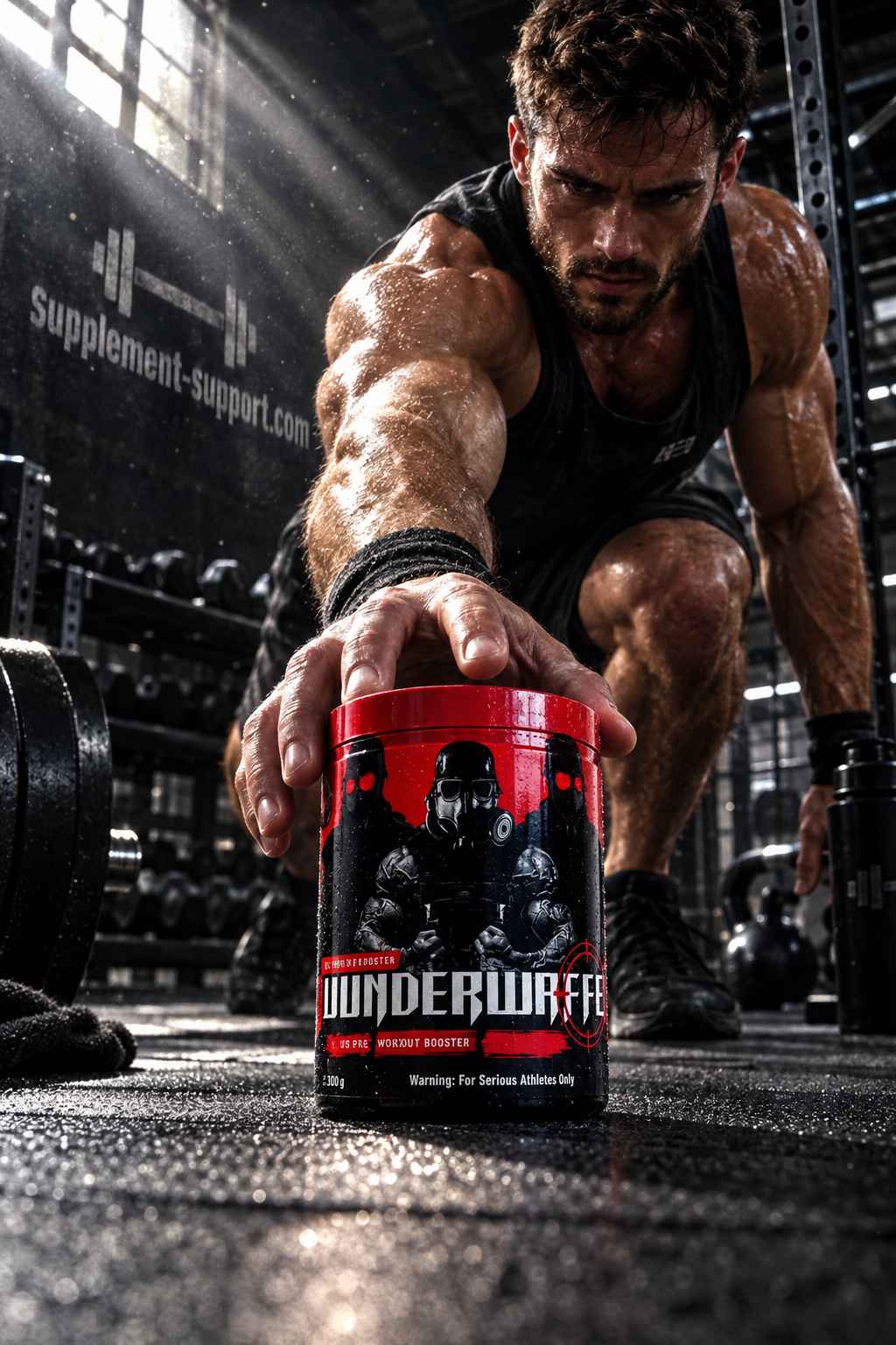 Muskulöser Sportler im Fitnessstudio mit Wunderwaffe Labs Pre Workout Booster