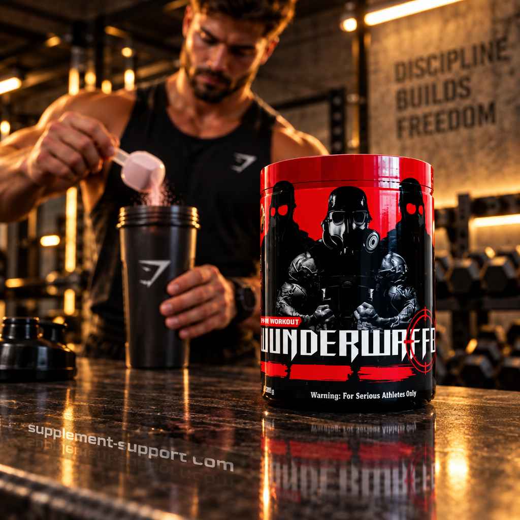 Muskulöser Mann füllt Wunderwaffe Labs Pre Workout Booster in einen Shaker im Fitnessstudio.