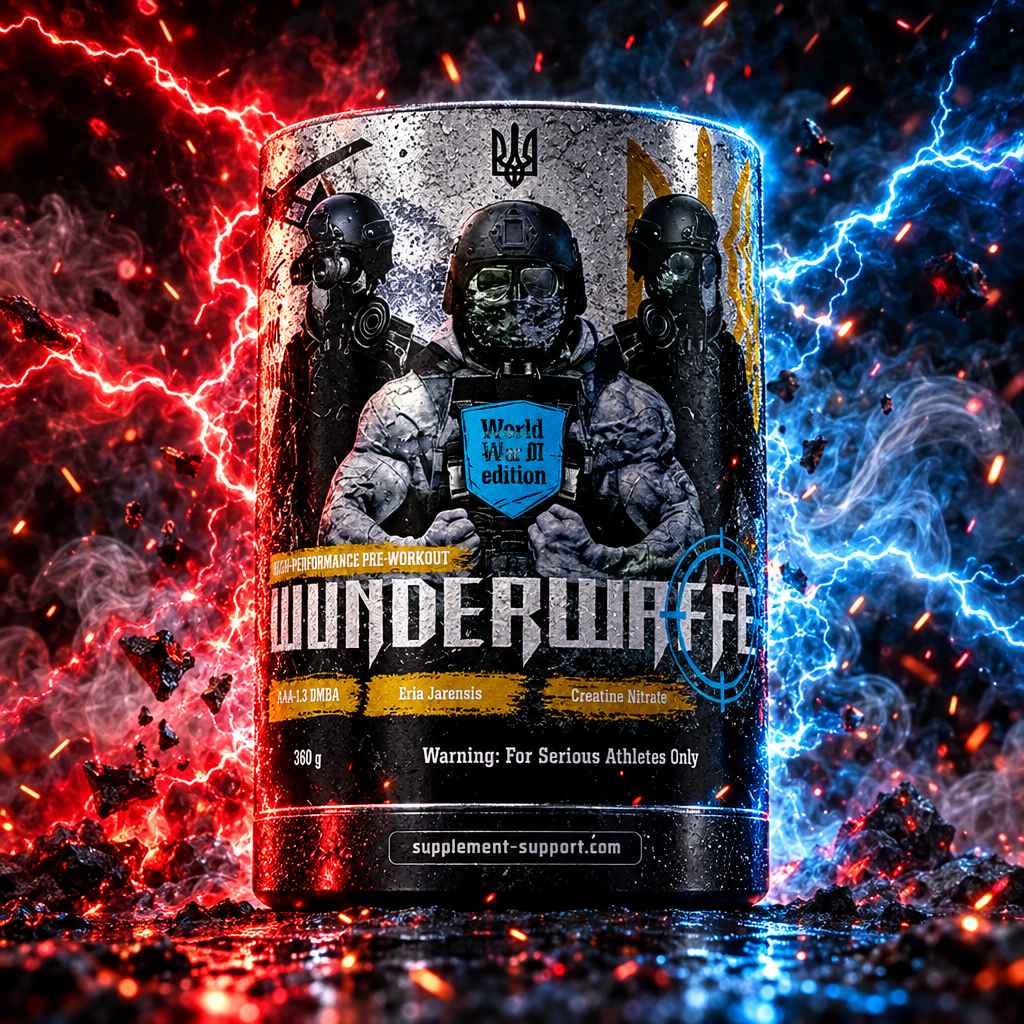 Wunderwaffe Labs WWIII Limited Edition Pre-Workout Booster Dose vor dramatischem Hintergrund
