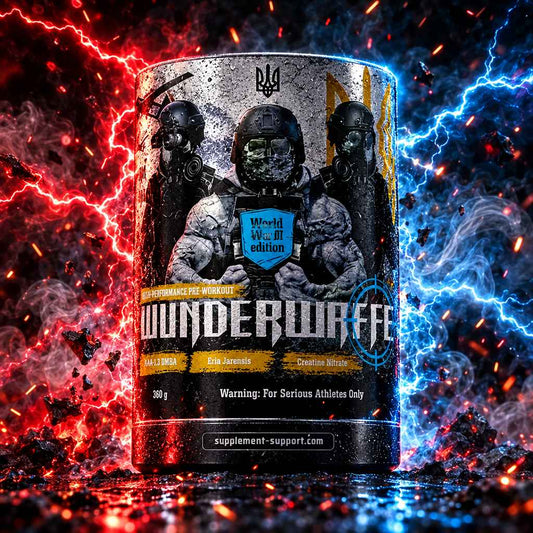 Wunderwaffe Labs WWIII Limited Edition Pre-Workout Booster Dose vor dramatischem Hintergrund