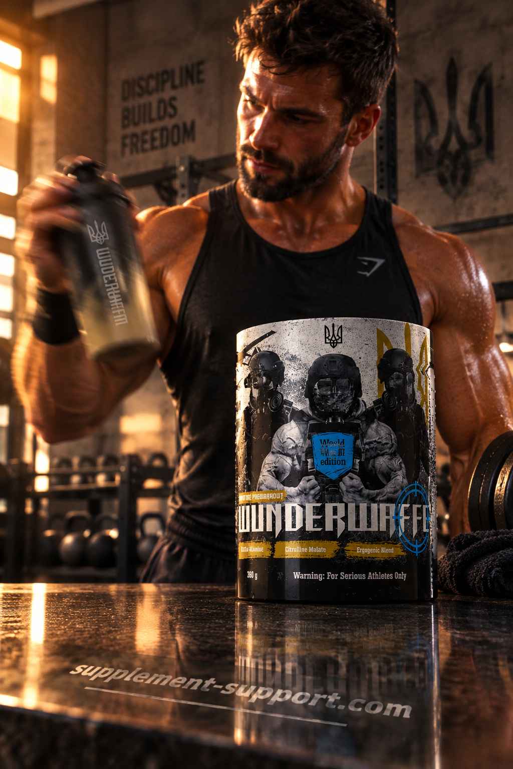 Muskulöser Mann im Fitnessstudio mit Wunderwaffe Labs WWIII Booster Dose und Shaker.