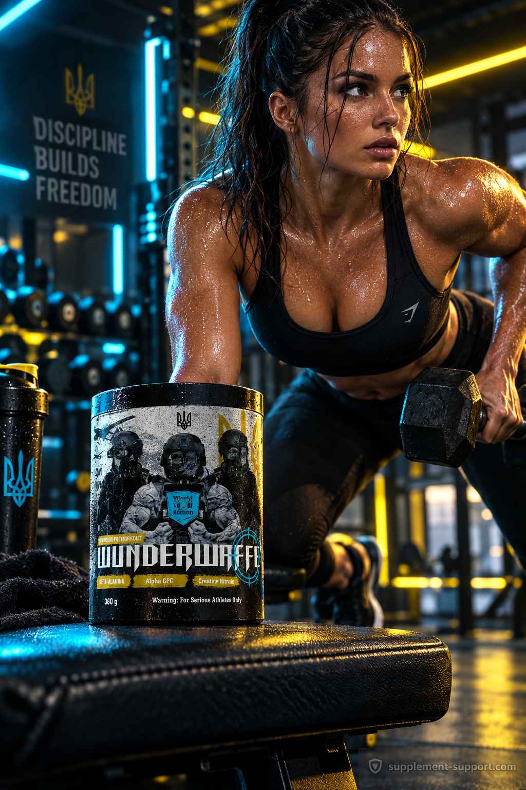 Wunderwaffe Labs WWIII Booster neben einer trainierenden Frau im Fitnessstudio