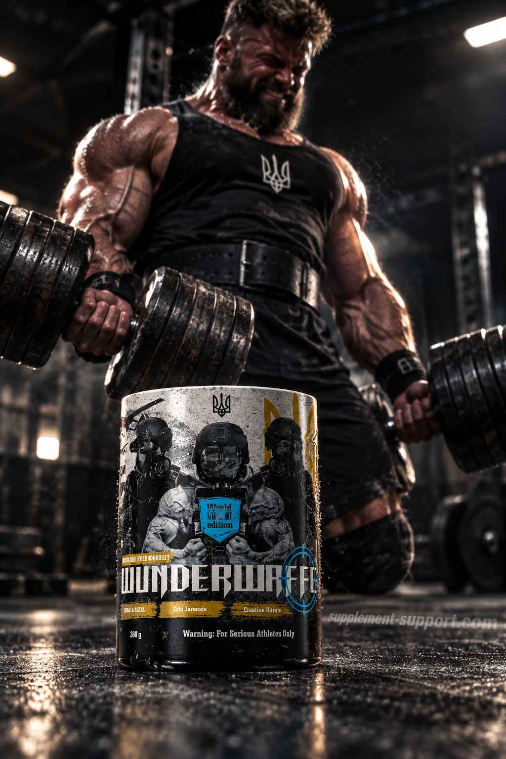 Wunderwaffe Labs WWIII Limited Edition Pre-Workout Booster vor einem muskulösen Bodybuilder.