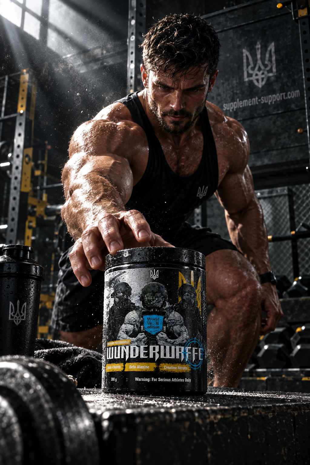 Muskulöser Mann im Gym mit Wunderwaffe Labs WWIII Booster Dose