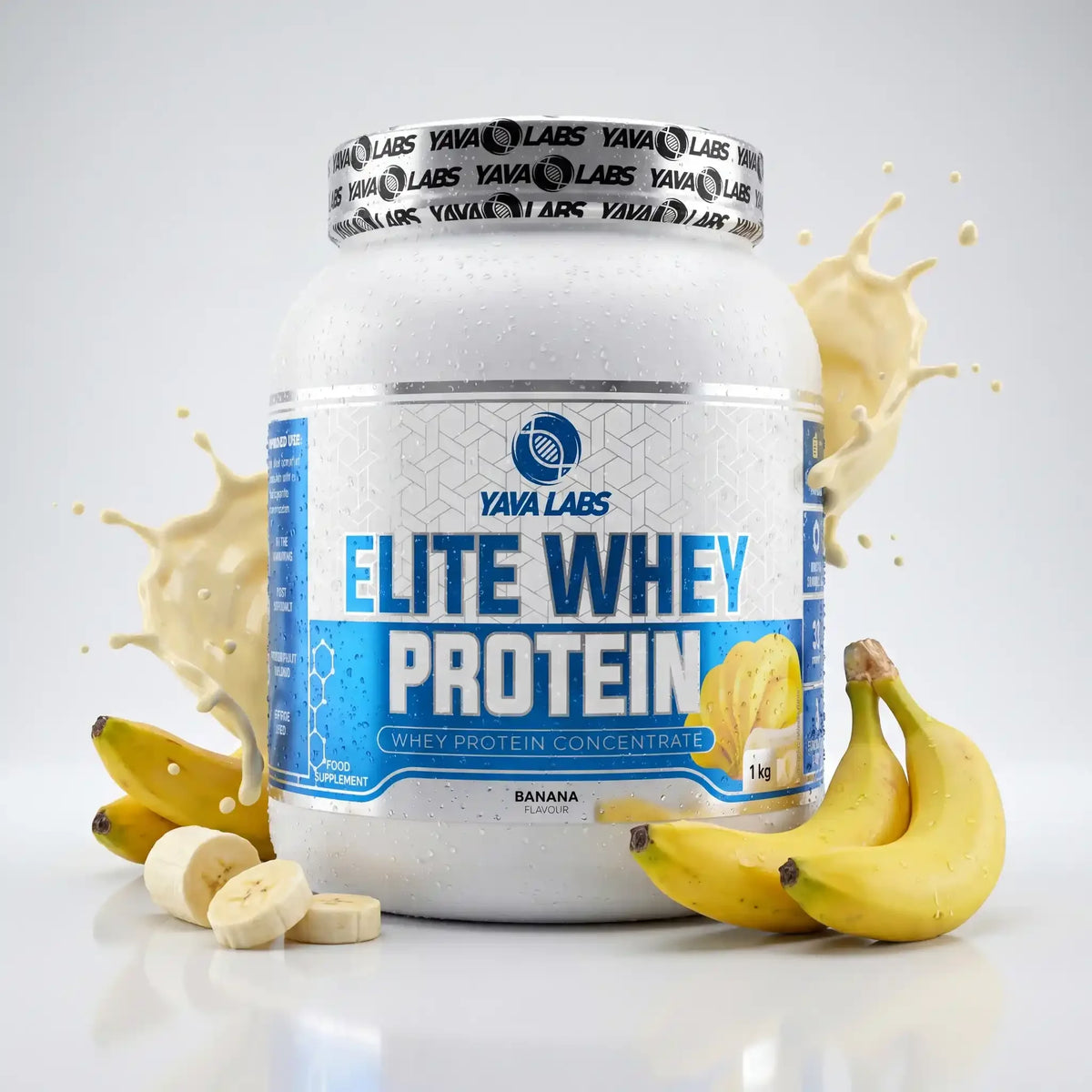 Yava Labs Elite Whey Protein Banane Geschmack mit frischen Bananen und Milchspritzern