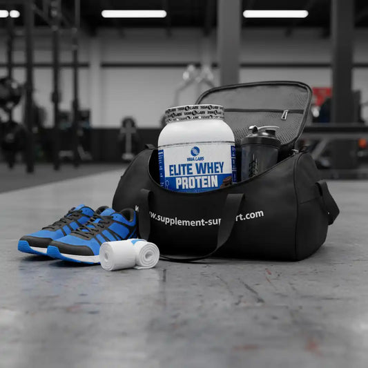 Elite Whey Protein in Sporttasche mit Turnschuhen und Shaker im Fitnessstudio