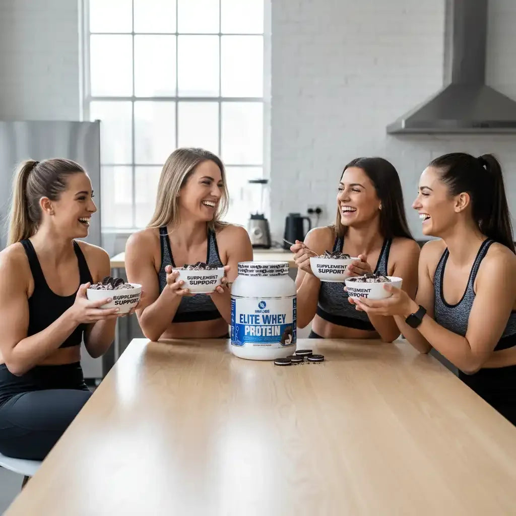 Frauen genießen Elite Whey Protein mit Schokoladenkeksen in der Küche
