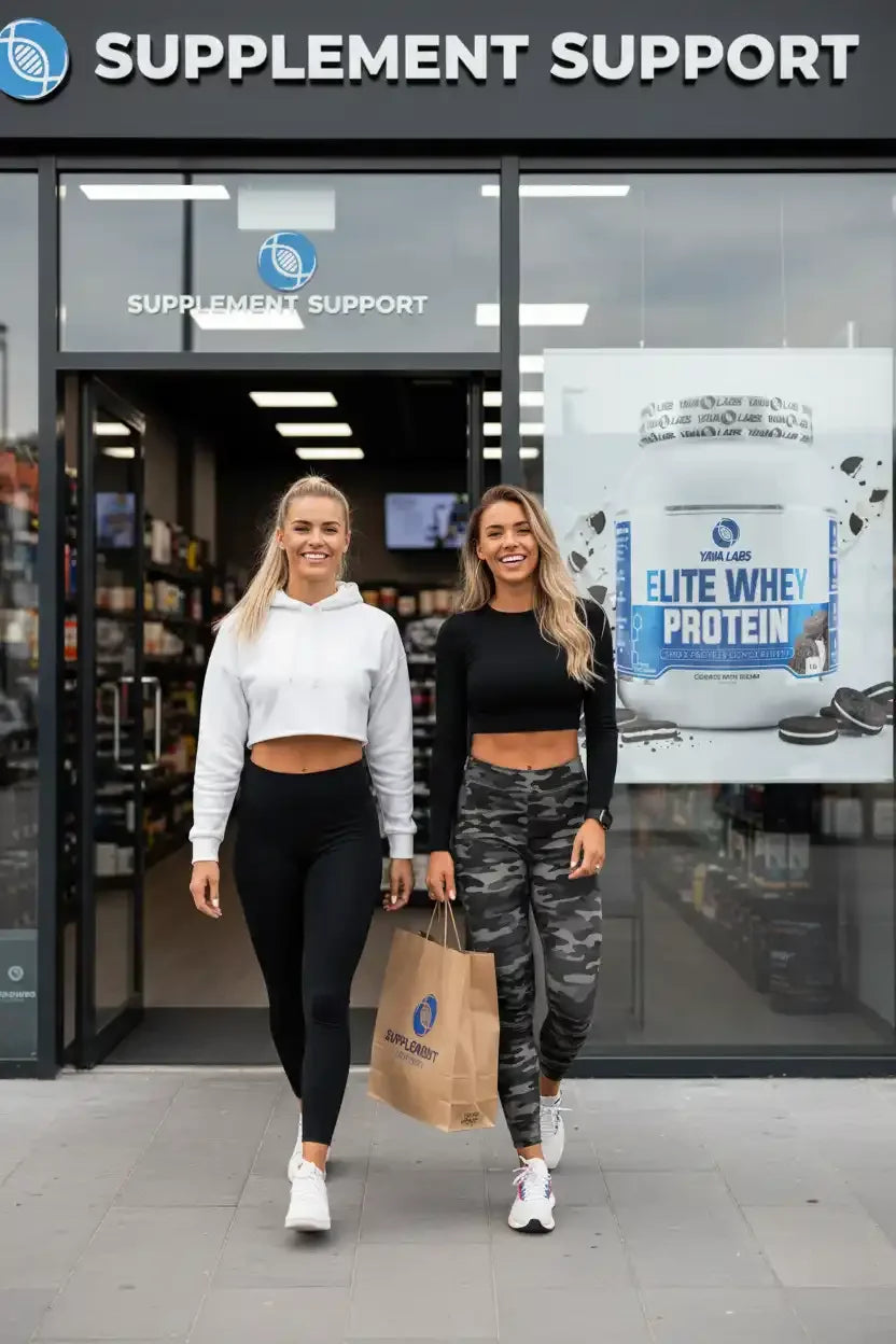 Zwei Frauen vor Supplement Support Store mit Proteinprodukt und Einkaufstüte