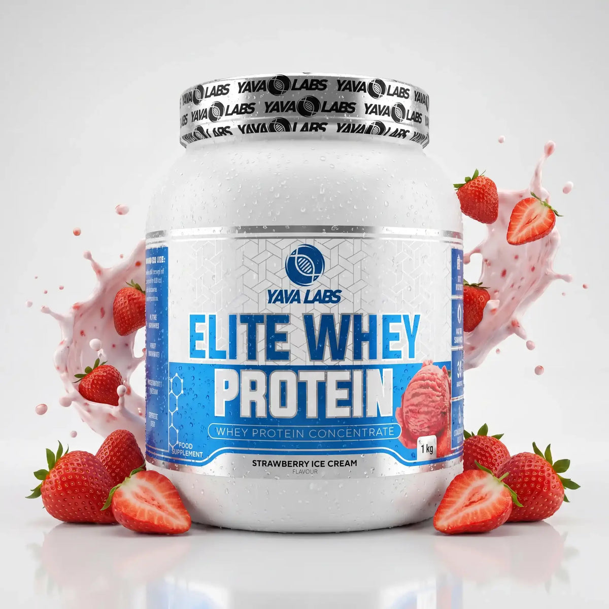 Yava Labs Elite Whey Protein Erdbeer-Eis Geschmack, 1 kg, umgeben von frischen Erdbeeren und Milchspritzern