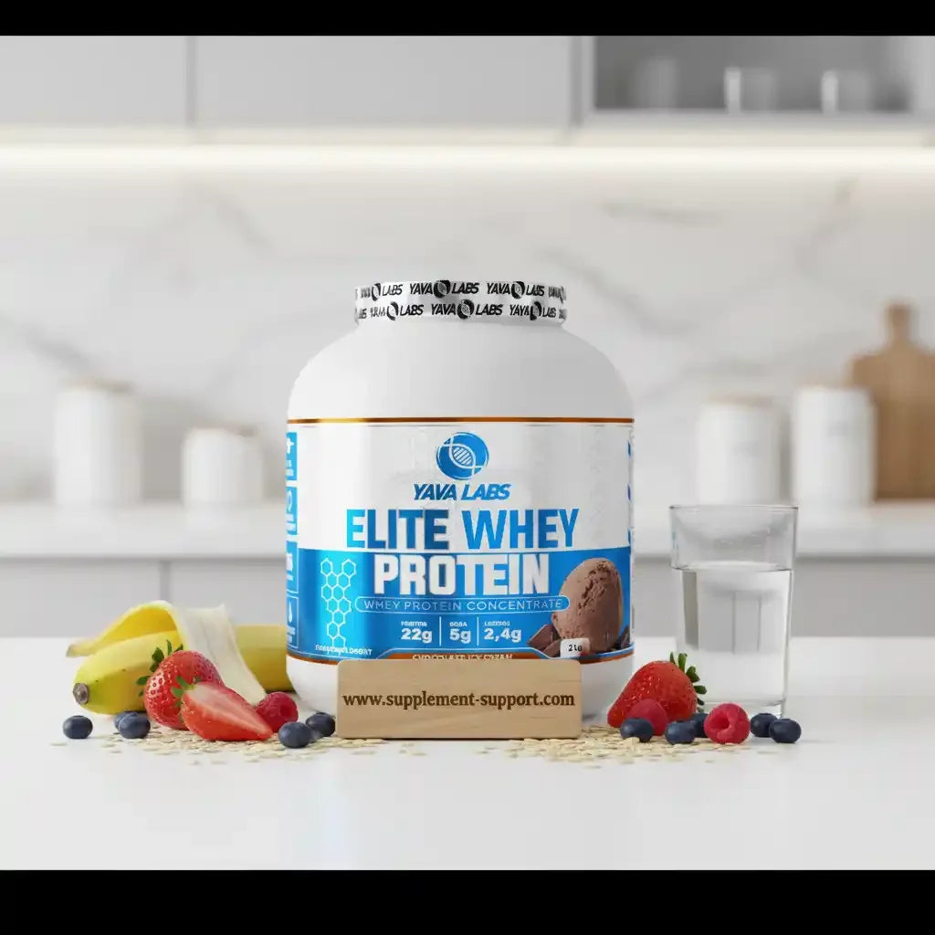 Yava Labs Elite Whey Protein mit Beeren, Banane und Wasser – ideal für Sportler und Fitness