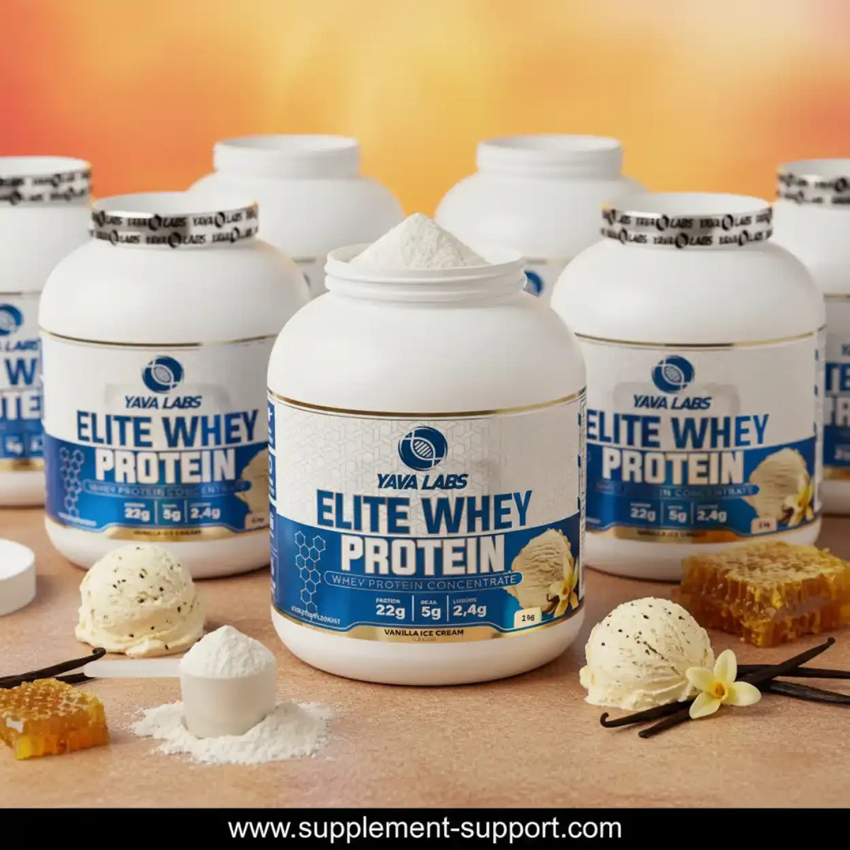 YAVA LABS Elite Whey Protein Concentrate Vanille Eiscreme Pulver in weißen Dosen.