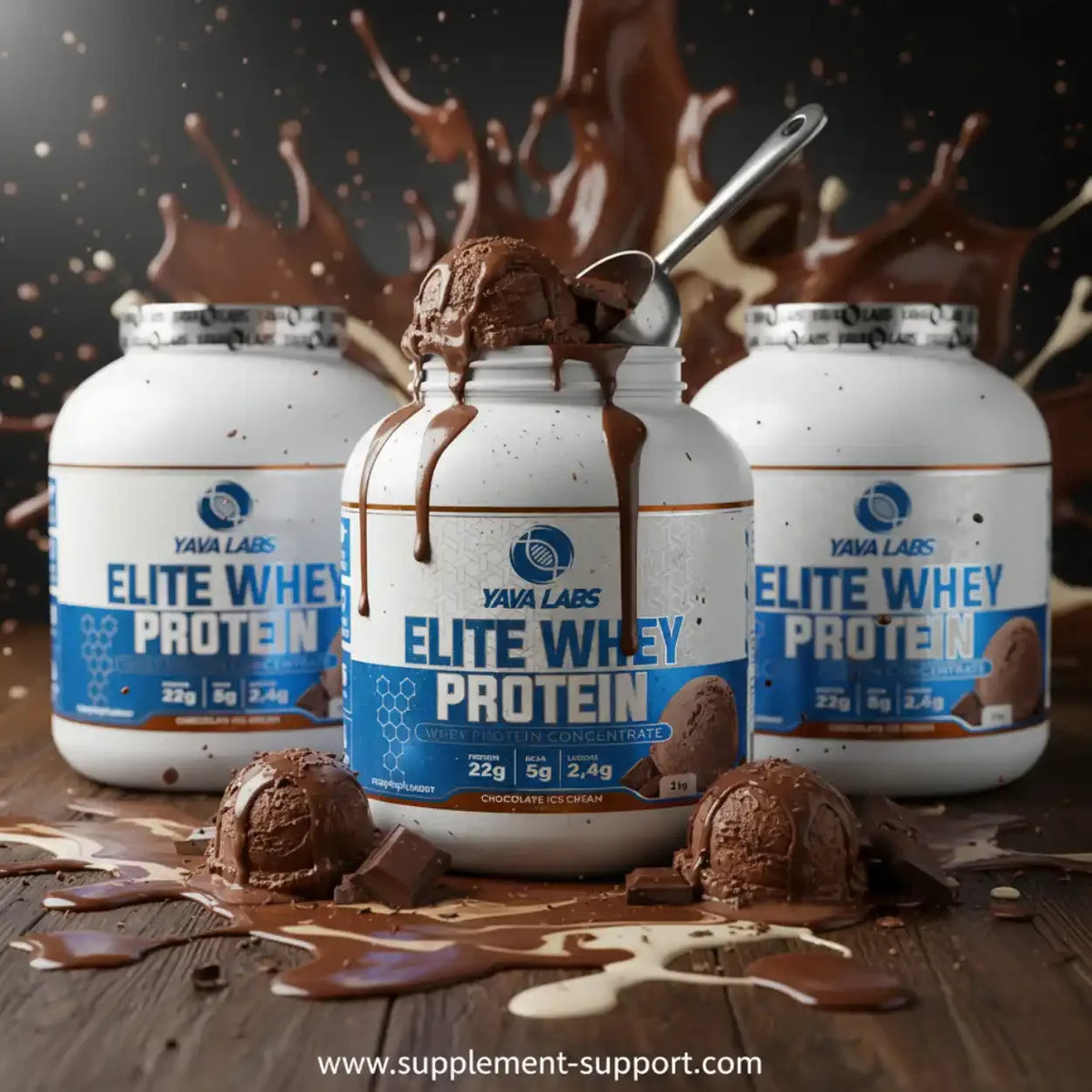 Drei Dosen Yava Labs Elite Whey Protein Geschmack Schokoladeneis mit geschmolzener Schokolade