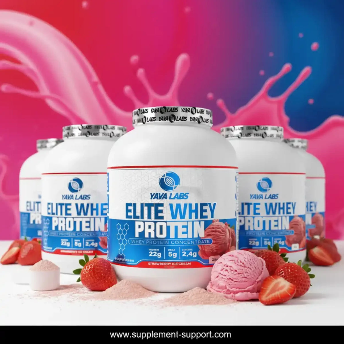 Yava Labs Elite Whey Protein Konzentrat mit Erdbeergeschmack und frischen Erdbeeren.