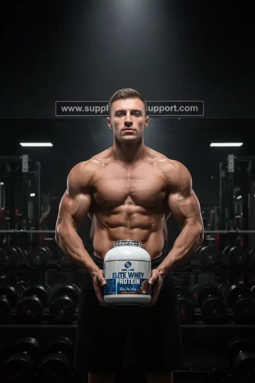 Muskulöser Athlet mit Elite Whey Protein in Fitnessstudio, ideal für Sportler und Muskelaufbau