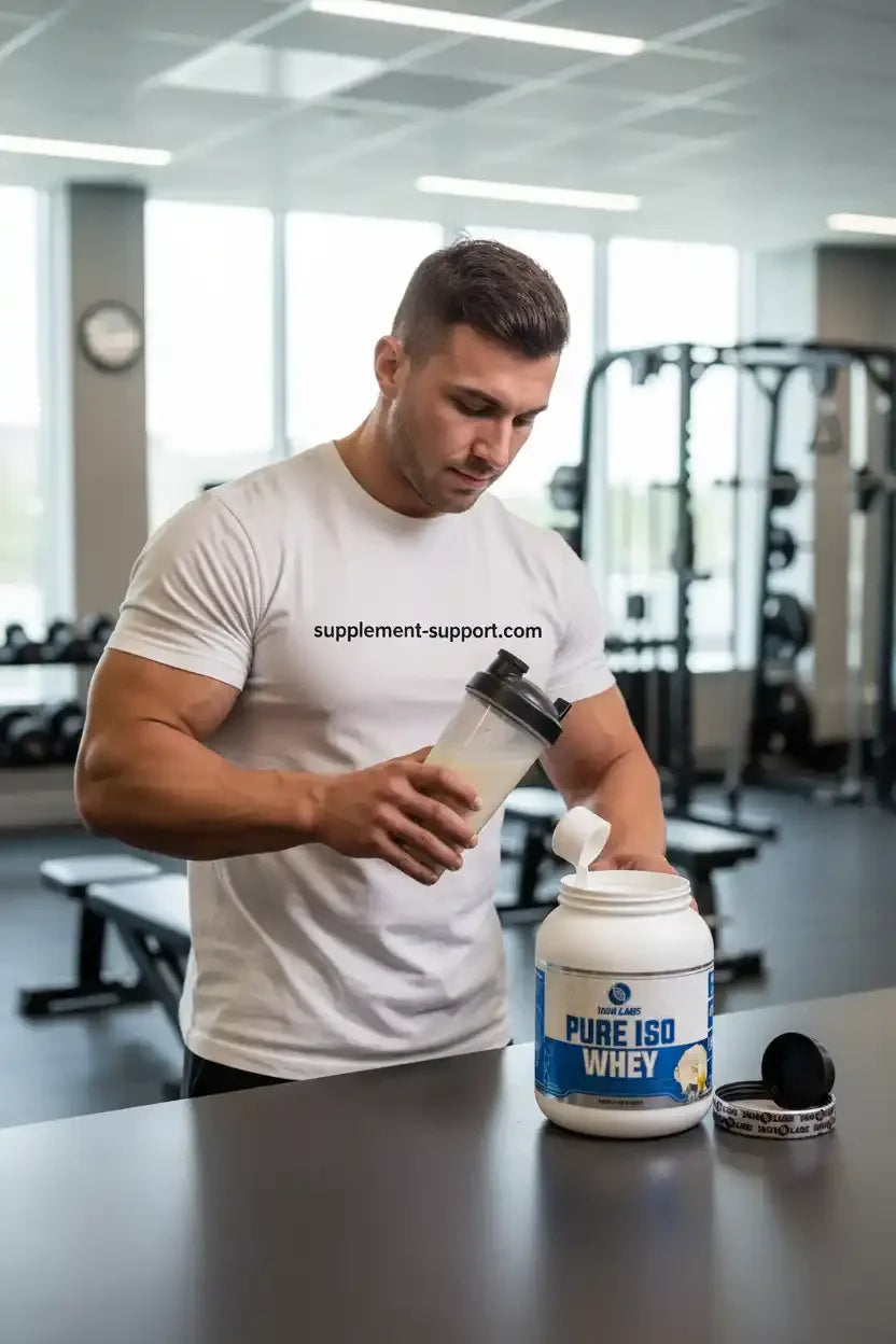 Muskulöser Mann bereitet Whey-Protein-Shake im Fitnessstudio vor