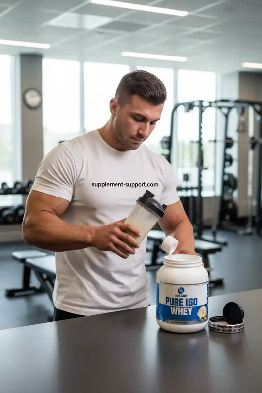 Muskulöser Mann bereitet Whey-Protein-Shake im Fitnessstudio vor