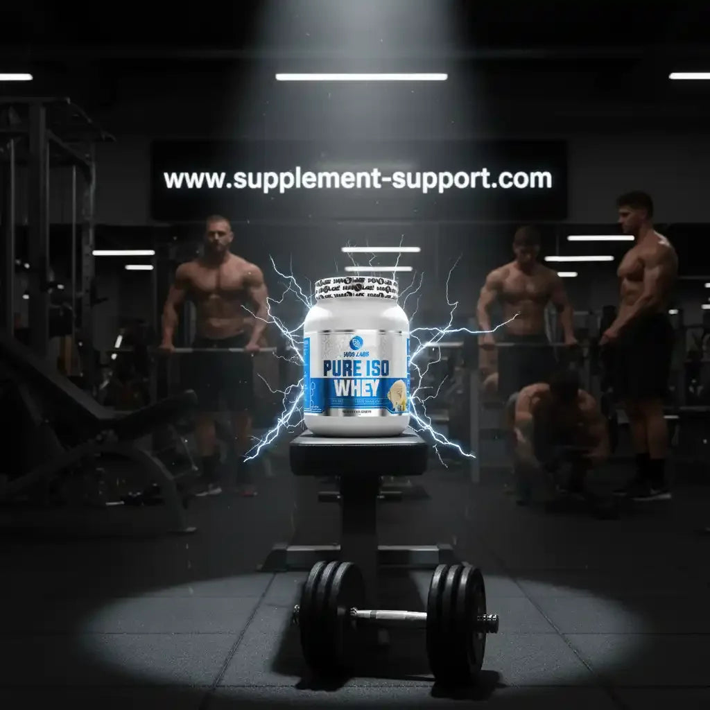 Pure ISO Whey Protein im Fitnessstudio mit Athleten und Gewichten