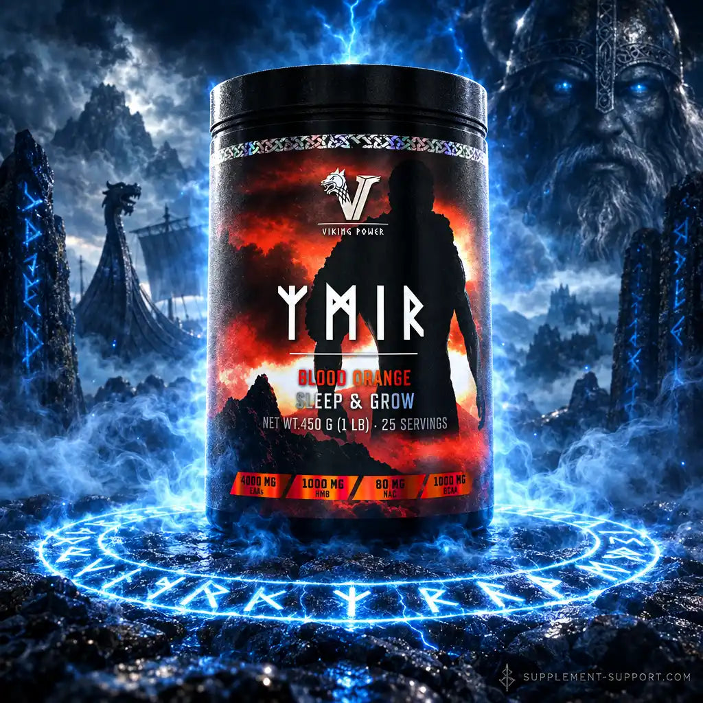 Viking Power Ymir Sleep & Grow Nahrungsergänzung Blood Orange in einer mystischen Wikinger-Landschaft.