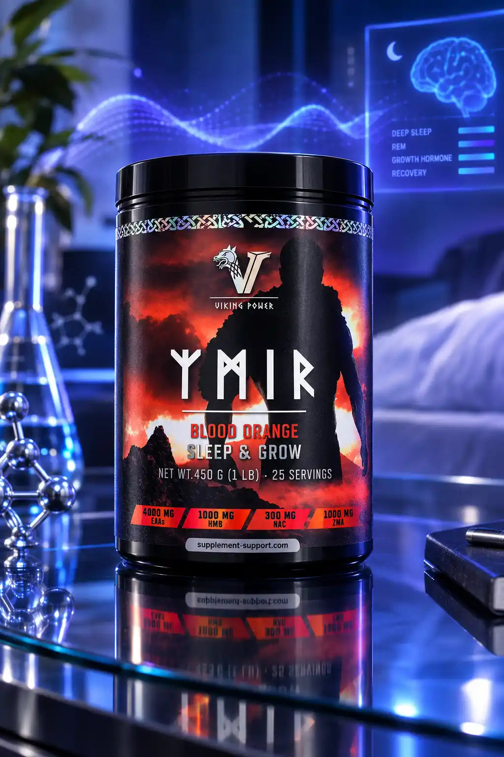 Viking Power Ymir Sleep & Grow Nahrungsergänzung in Blood Orange Geschmack auf glänzender Oberfläche