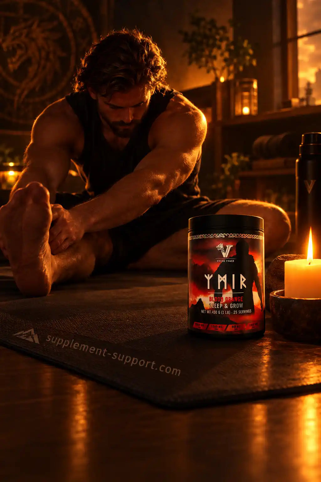 Muskulöser Mann beim Dehnen neben einer Dose Viking Power Ymir Sleep & Grow in stimmungsvollem Licht.