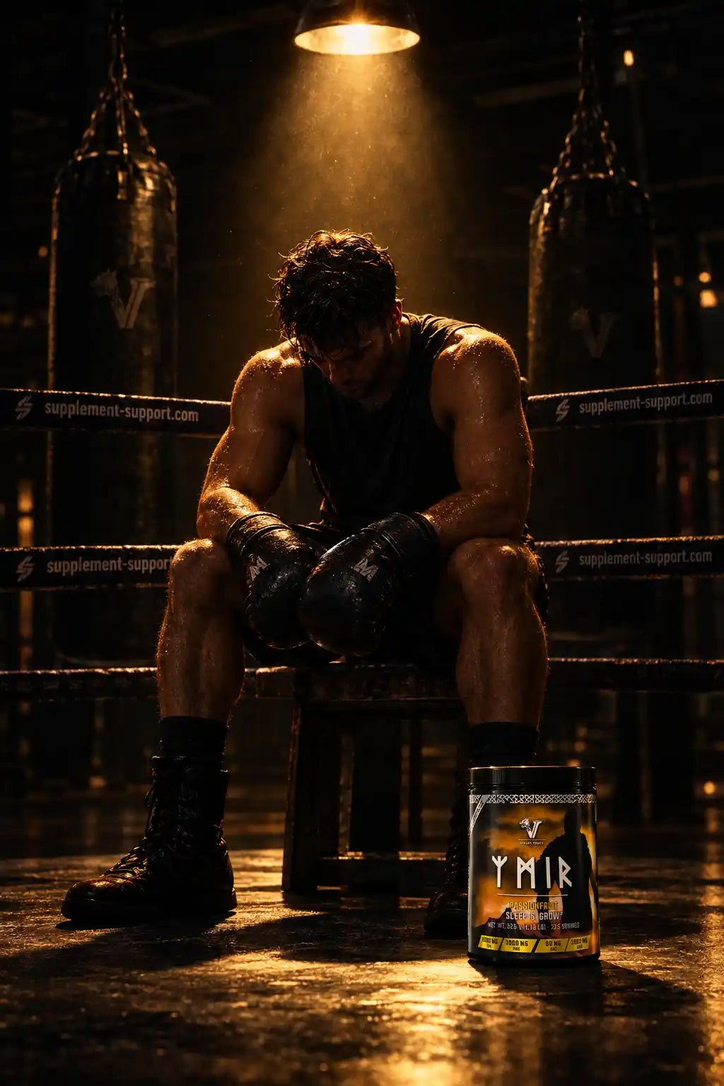 Muskulöser Boxer in einem Boxring mit Viking Power Ymir Sleep & Grow Dose.