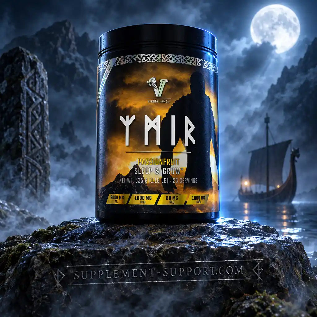 Viking Power Ymir Sleep & Grow Nahrungsergänzung in Passionsfrucht-Geschmack vor einer Mondnacht-Kulisse.