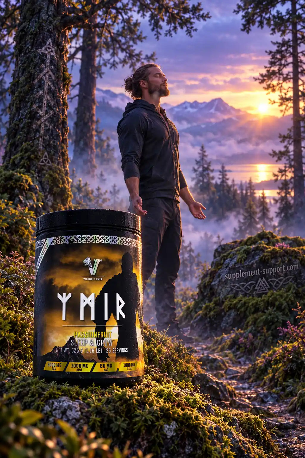 Viking Power Ymir Sleep & Grow Nahrungsergänzung vor einem Mann in Berglandschaft bei Sonnenaufgang
