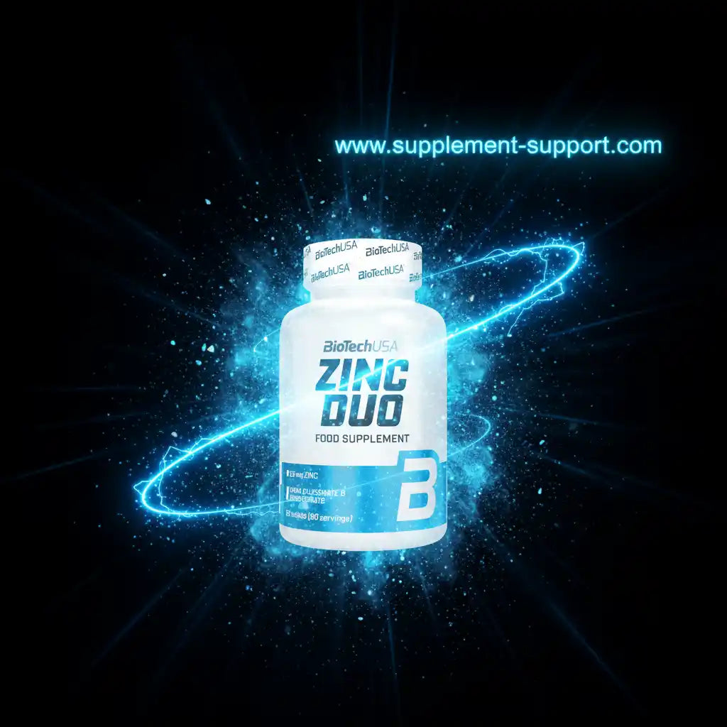 BioTechUSA Zinc Duo Nahrungsergänzungsmittel in einer weißen Dose vor blauem Lichteffekt.