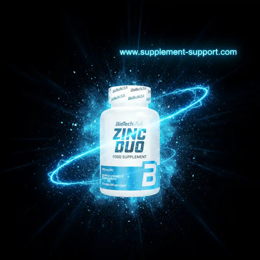 BioTechUSA Zinc Duo Nahrungsergänzungsmittel in einer weißen Dose vor blauem Lichteffekt.