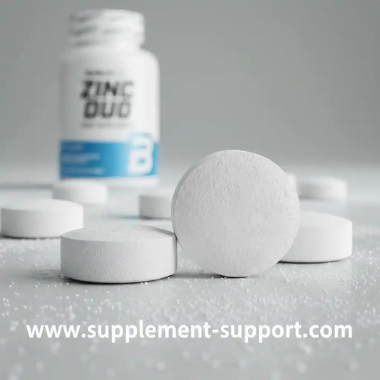 Zinc Duo Nahrungsergänzungsmittel Tabletten und Dose auf weißem Hintergrund.