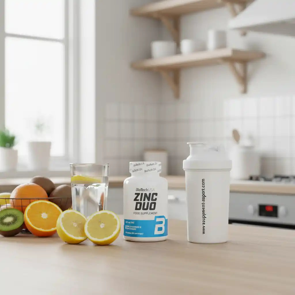 Biotech USA Zinc Duo Nahrungsergänzungsmittel auf Küchentisch neben Obst und Wasser