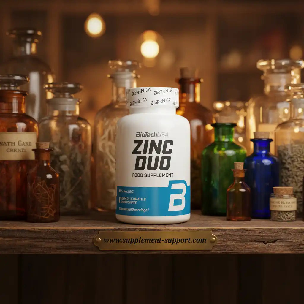 BioTechUSA Zinc Duo Nahrungsergänzungsmittel in einer Apotheker-Umgebung mit Glasflaschen.