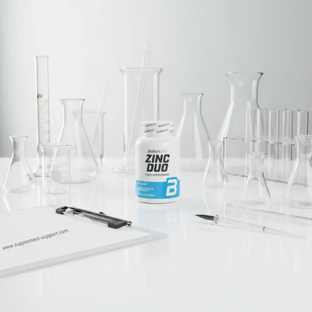 BiotechUSA ZINC DUO Nahrungsergänzungsmittel vor Laborglaswaren im weißen Studio.