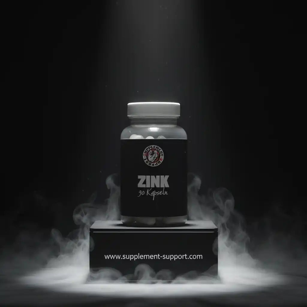 Zink Nahrungsergänzungsmittel mit 90 Kapseln in einer Dose auf einem Podest mit Nebel-Effekt