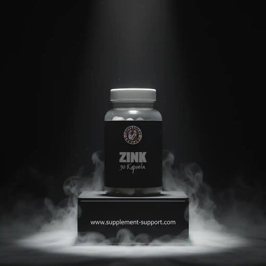 Zink Nahrungsergänzungsmittel mit 90 Kapseln in einer Dose auf einem Podest mit Nebel-Effekt