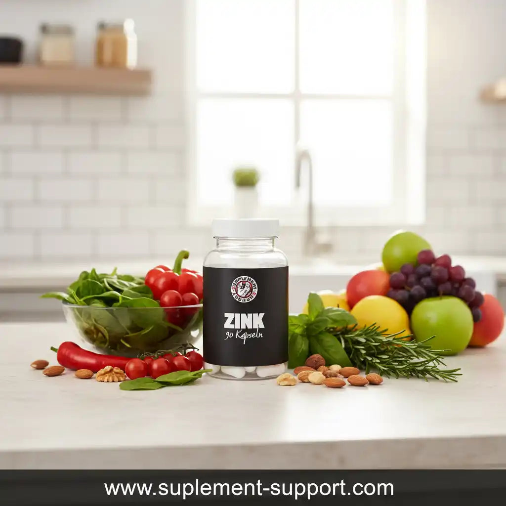 Zink Nahrungsergänzung Kapseln in einer Glasdose mit frischem Obst und Gemüse auf der Küchentheke.